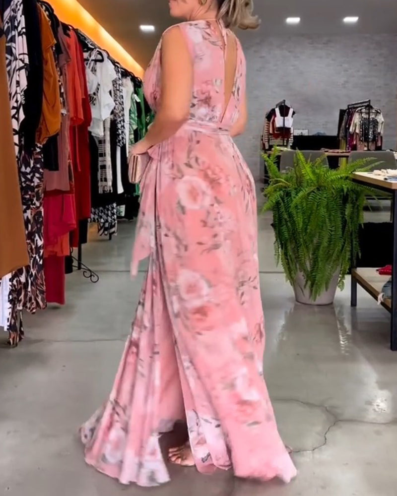 Gia - Robe longue sans manches à fleurs avec fente