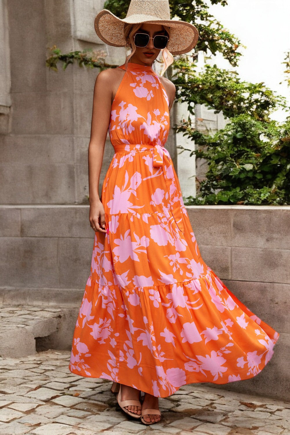 Solène - Robe longue avec ceinture à la taille et motifs