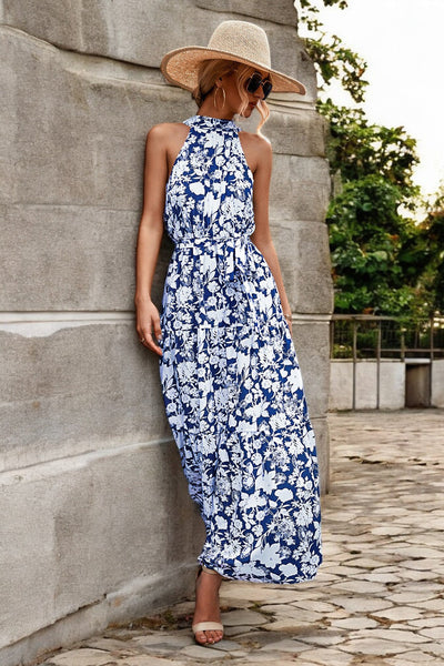 Solène - Robe longue avec ceinture à la taille et motifs