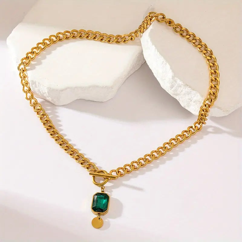 Collier Pendentif Émeraude à Grosse Chaîne | Or 18K