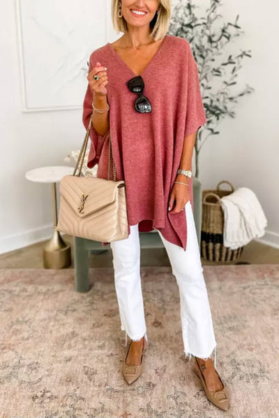 Pull poncho ample uni à col V chic