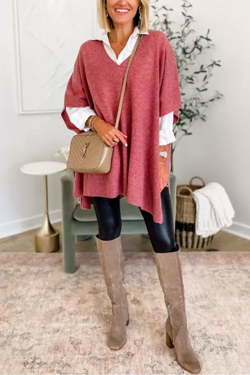 Pull poncho ample uni à col V chic