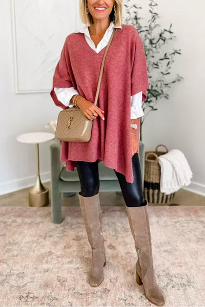 Pull poncho ample uni à col V chic