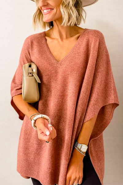 Pull poncho ample uni à col V chic