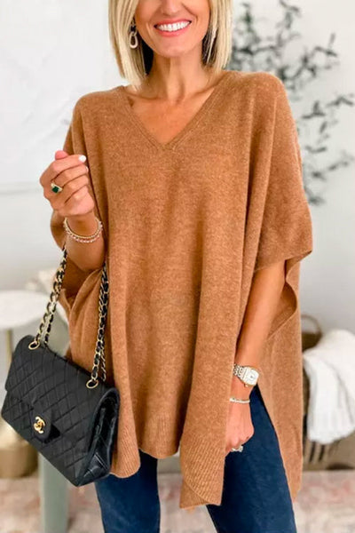 Pull poncho ample uni à col V chic