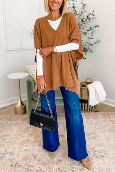 Pull poncho ample uni à col V chic