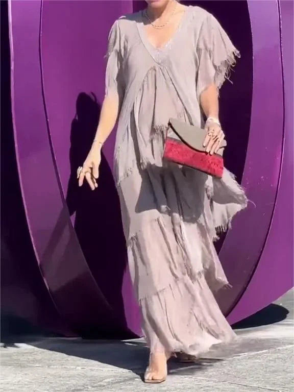 Blaise - Robe Maxi à Manches Courtes Volantes et Décolleté en V