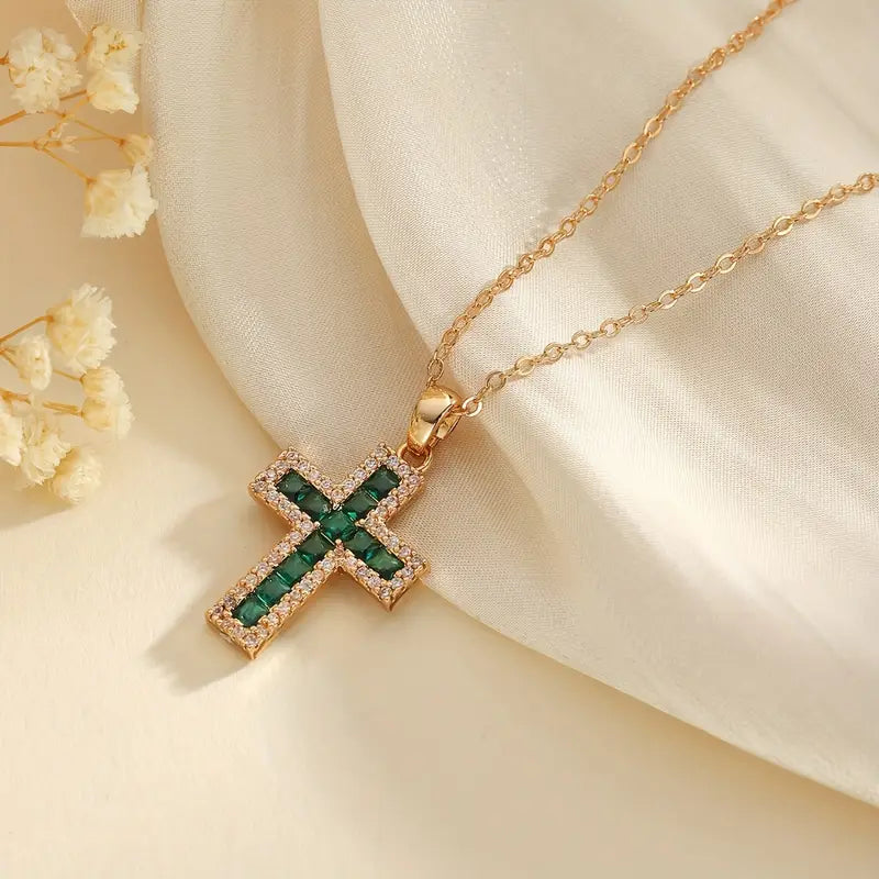 Collier Pendentif Croix Émeraude Solène | Or 18K