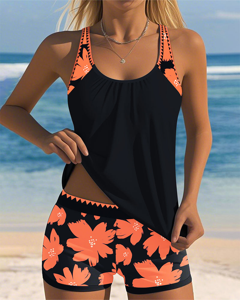 Tankini U-Cou Sans Manches Imprimé Culotte Boxer