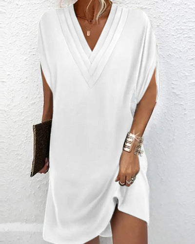 Robe Plissée à Col V et Manches 3/4 pour Femme