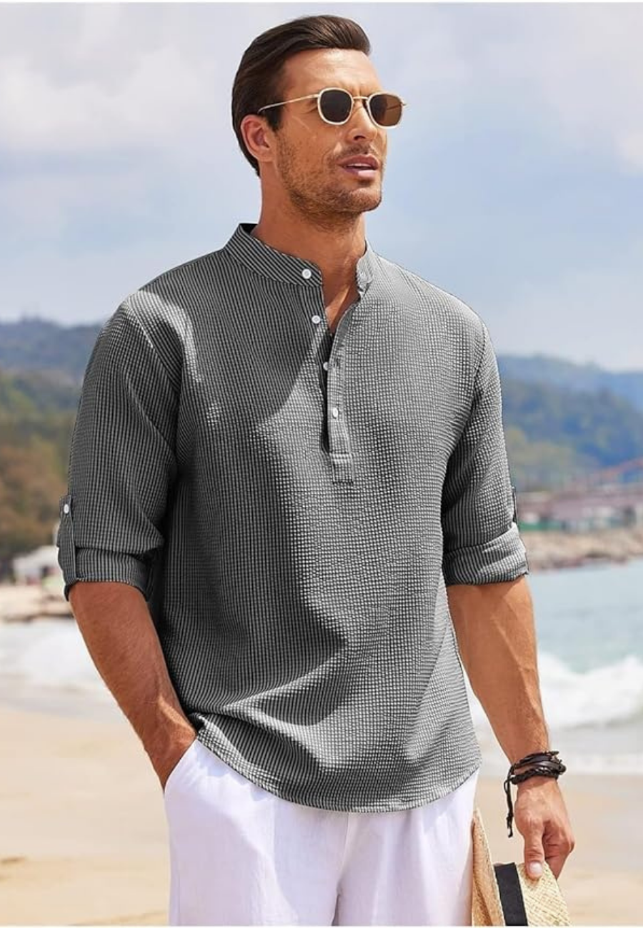 Cedy | Chemise à manches retroussées et col montant pour Hommes | Longue