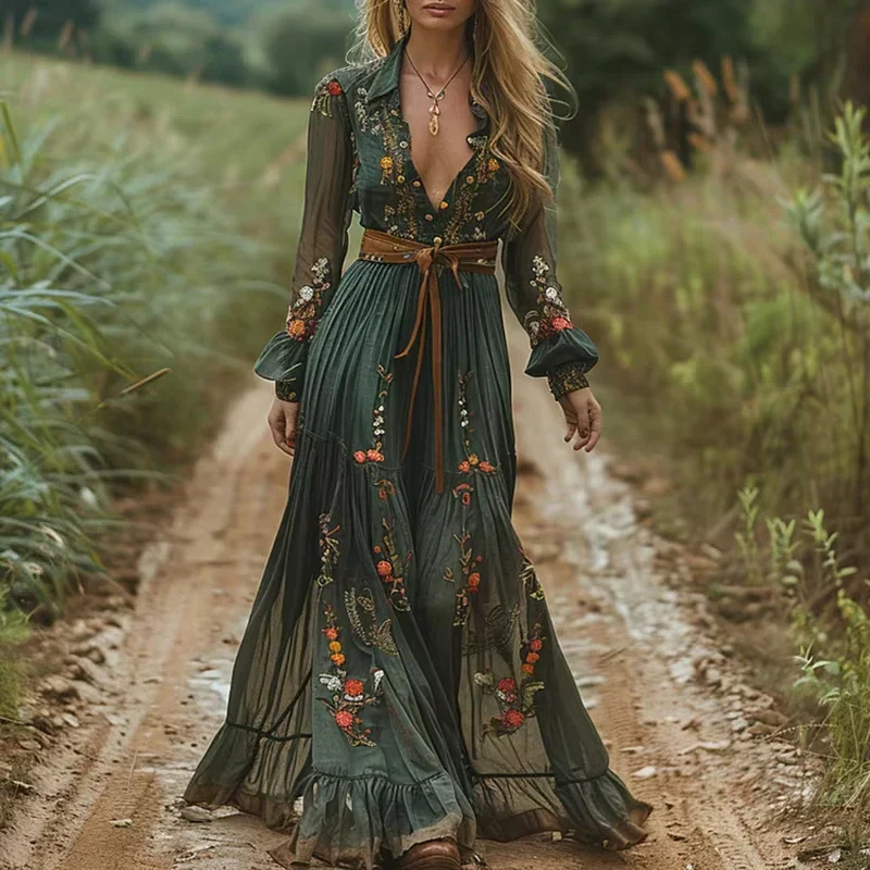 Iricka | Robe longue à col en V pour Femmes | Fleurie