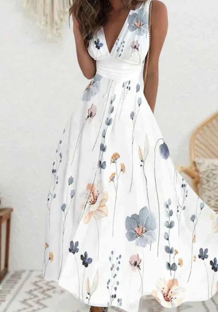 Romy | Robe Longue Fleur Pour Femme |  Blanche