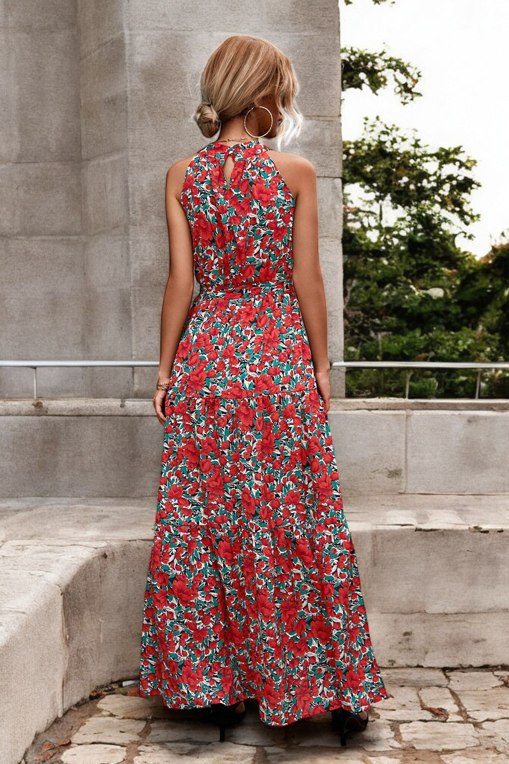 Solène - Robe longue avec ceinture à la taille et motifs
