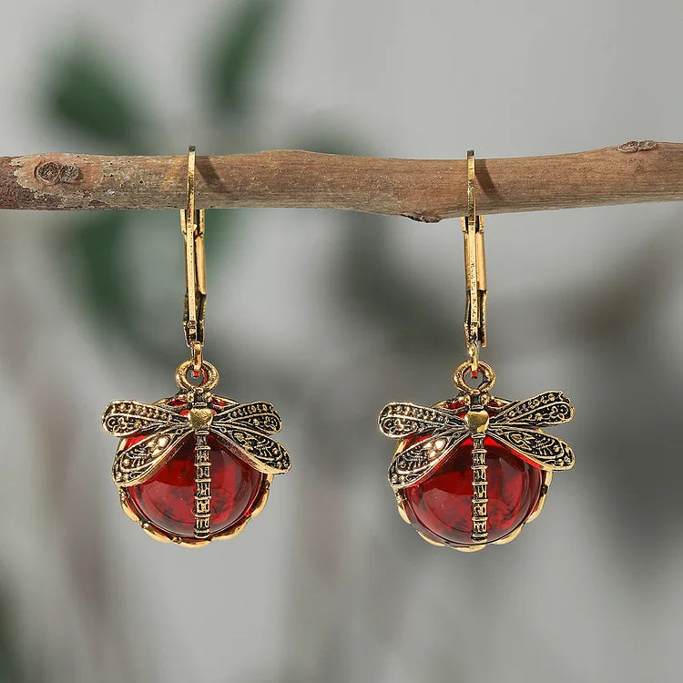 Boucles d'oreilles libellule sphérique en argent antique