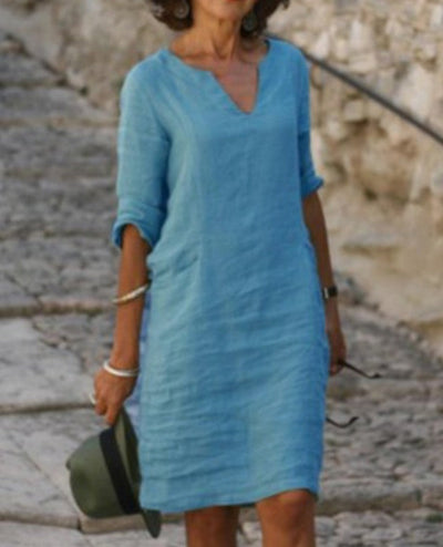Aarna | Robe en lin décontractée à col en V avec coupe relaxe pour femmes