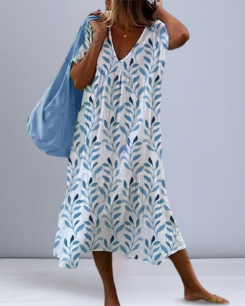 Robe Midi Femme à Imprimé et Col en V