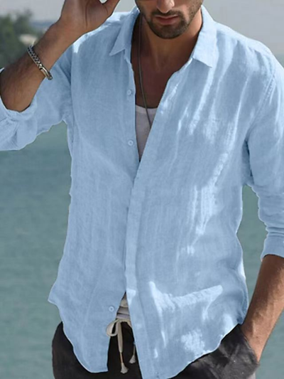 Magrason | Chemise Vintage Unie en Lin à col Rabattable Pour Hommes | Noel