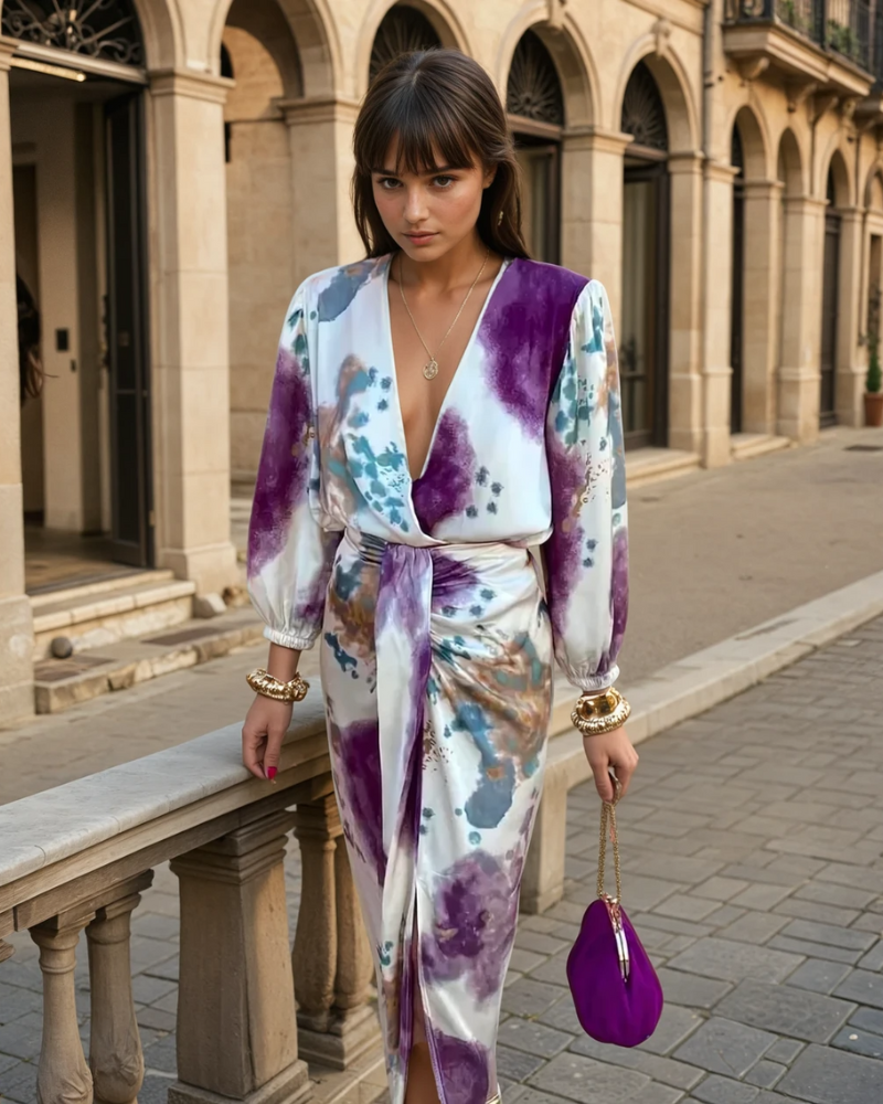 Mellan | Robe longue à col en V pour femme | Élégante