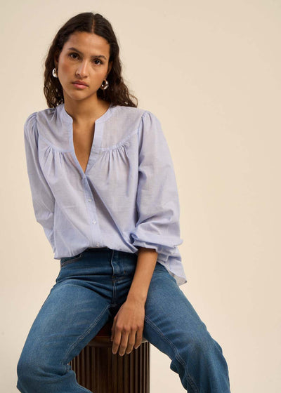 Chemise en coton avec col tunisien et détails froncés