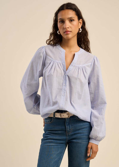 Chemise en coton avec col tunisien et détails froncés