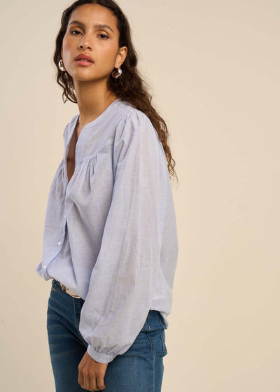 Chemise en coton avec col tunisien et détails froncés