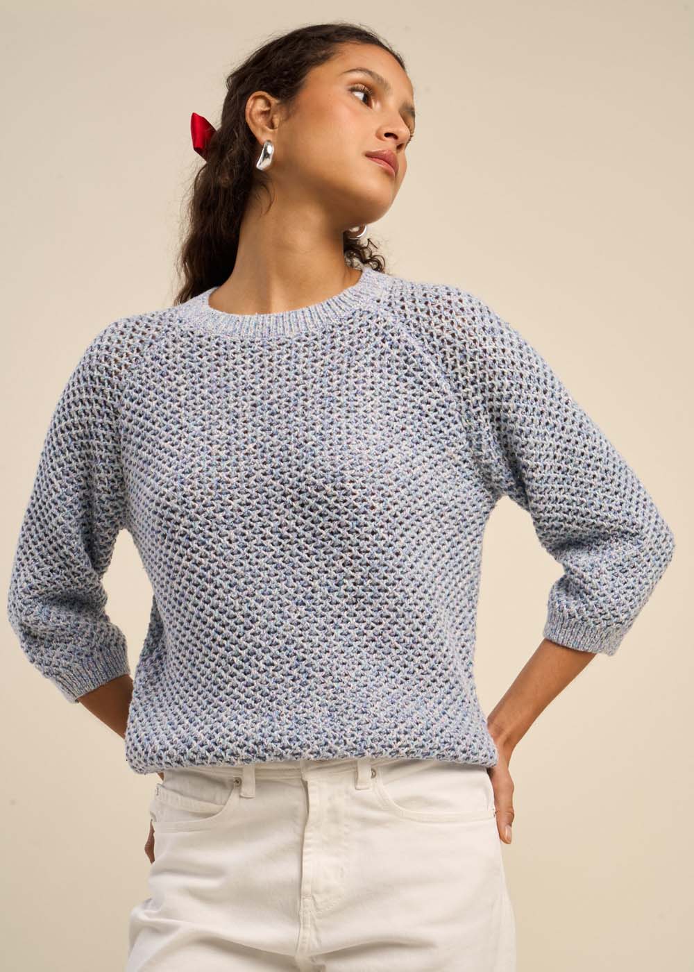 Pull maille multicolore et lurex manches 3/4