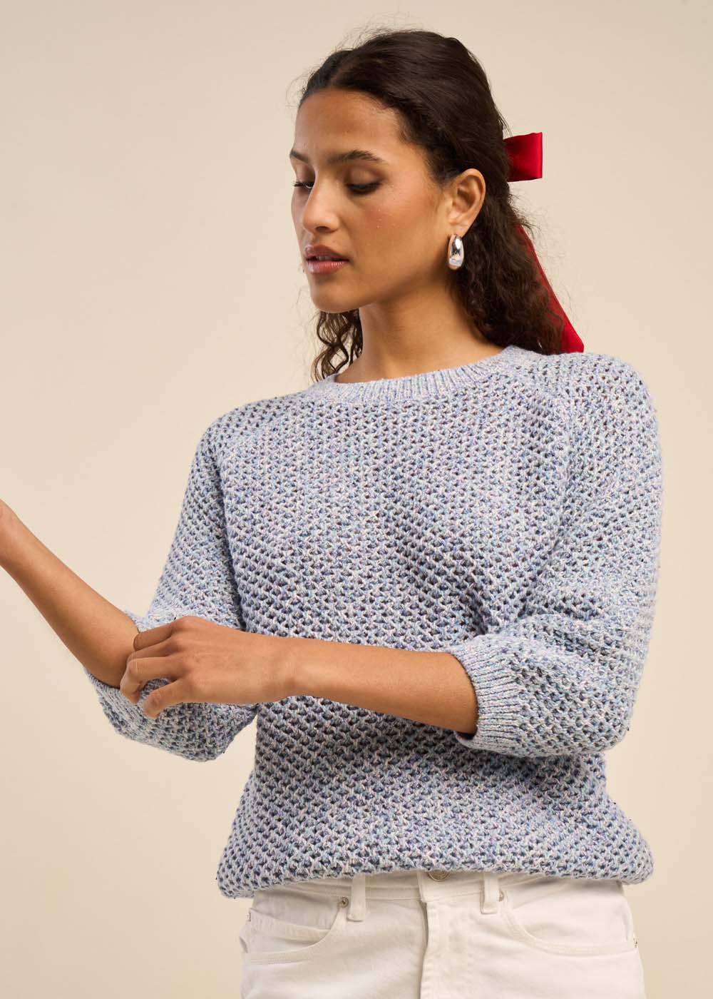 Pull maille multicolore et lurex manches 3/4