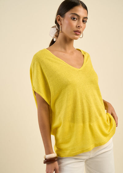 Pull sans manches col V 100% lin