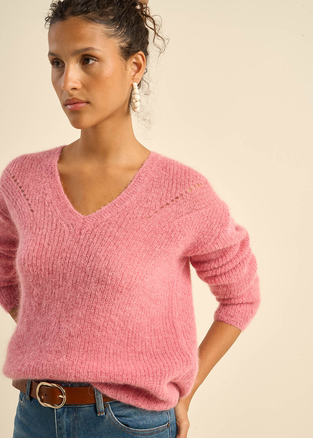 Pull à col V en mohairs et Alpaga