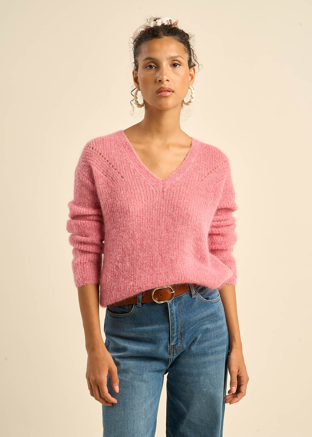 Pull à col V en mohairs et Alpaga
