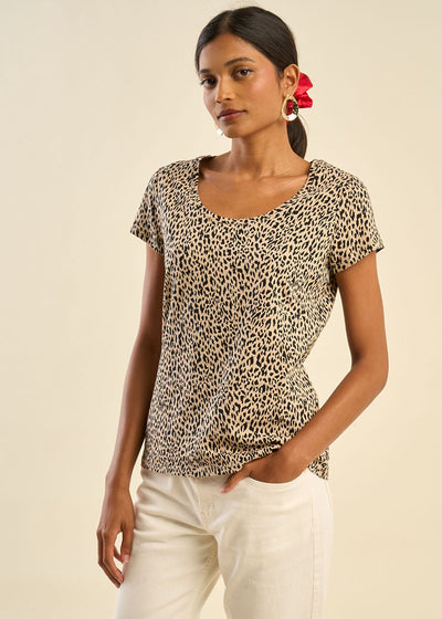 T-shirt à col danseuse imprimé léopard