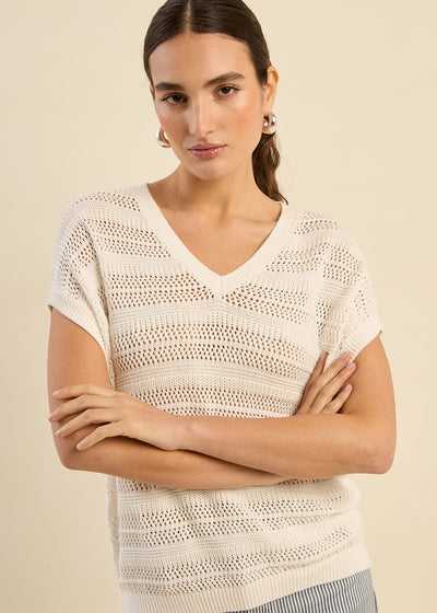 Pull léger en maille ajourée, manches courtes et col V
