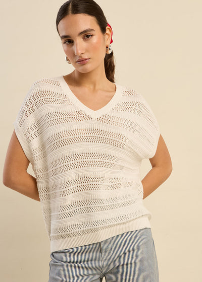 Pull léger en maille ajourée, manches courtes et col V