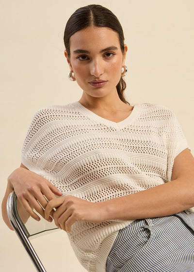 Pull léger en maille ajourée, manches courtes et col V
