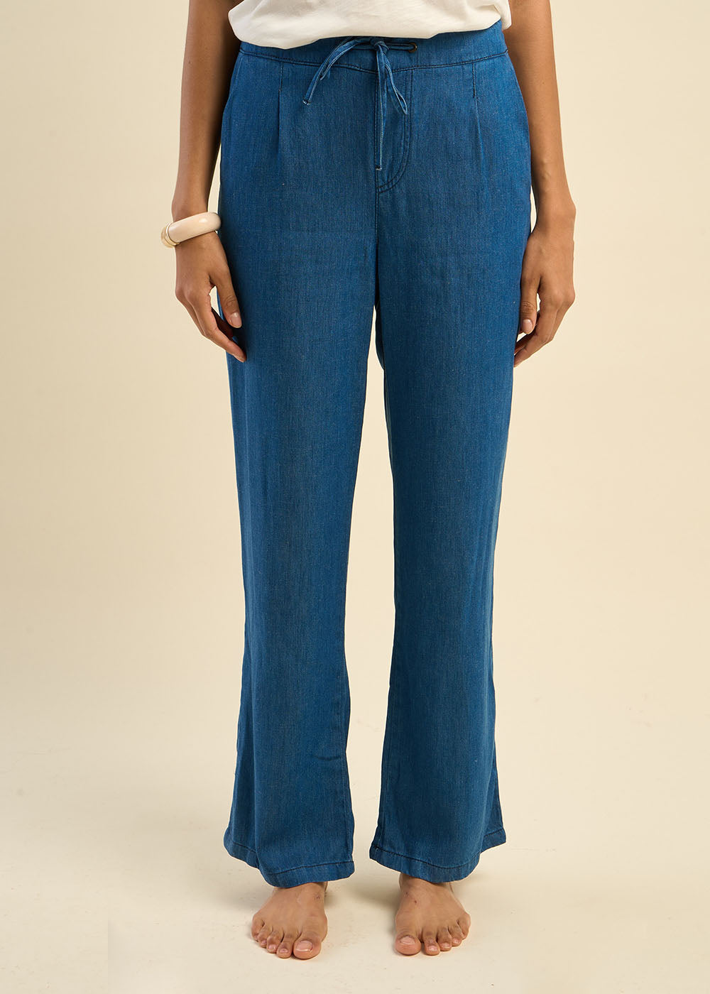 Pantalon fluide en lyocell et lin effet denim