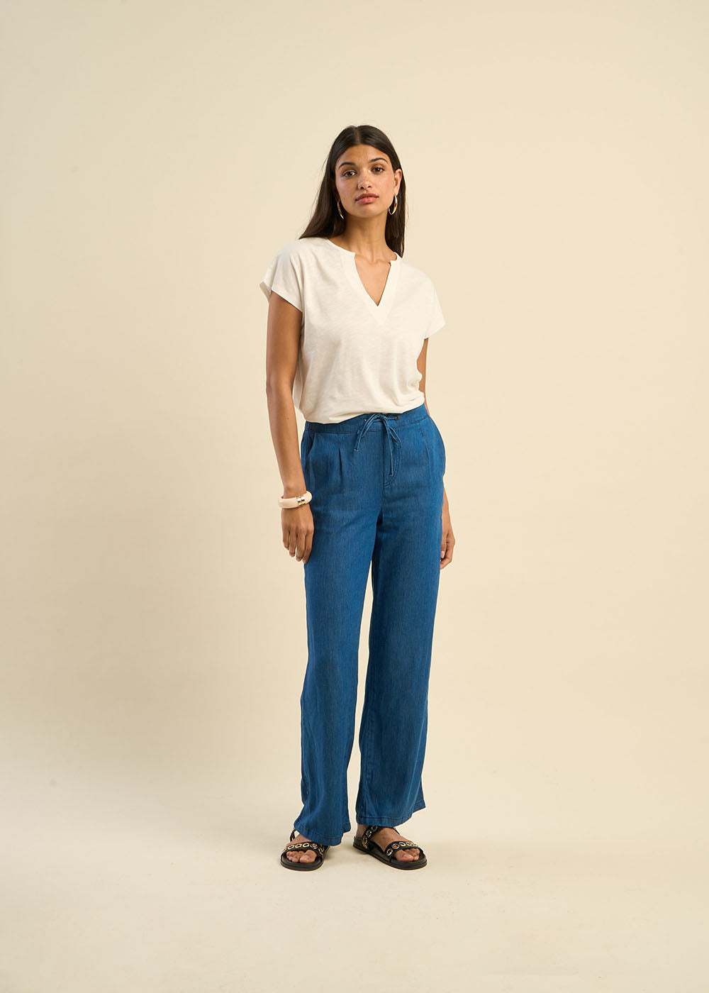 Pantalon fluide en lyocell et lin effet denim