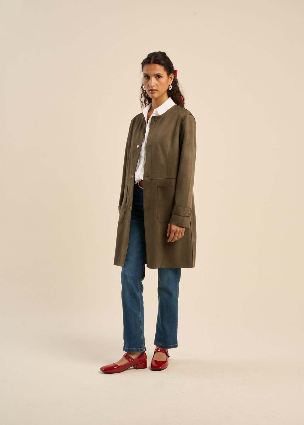 Veste longue en faux daim