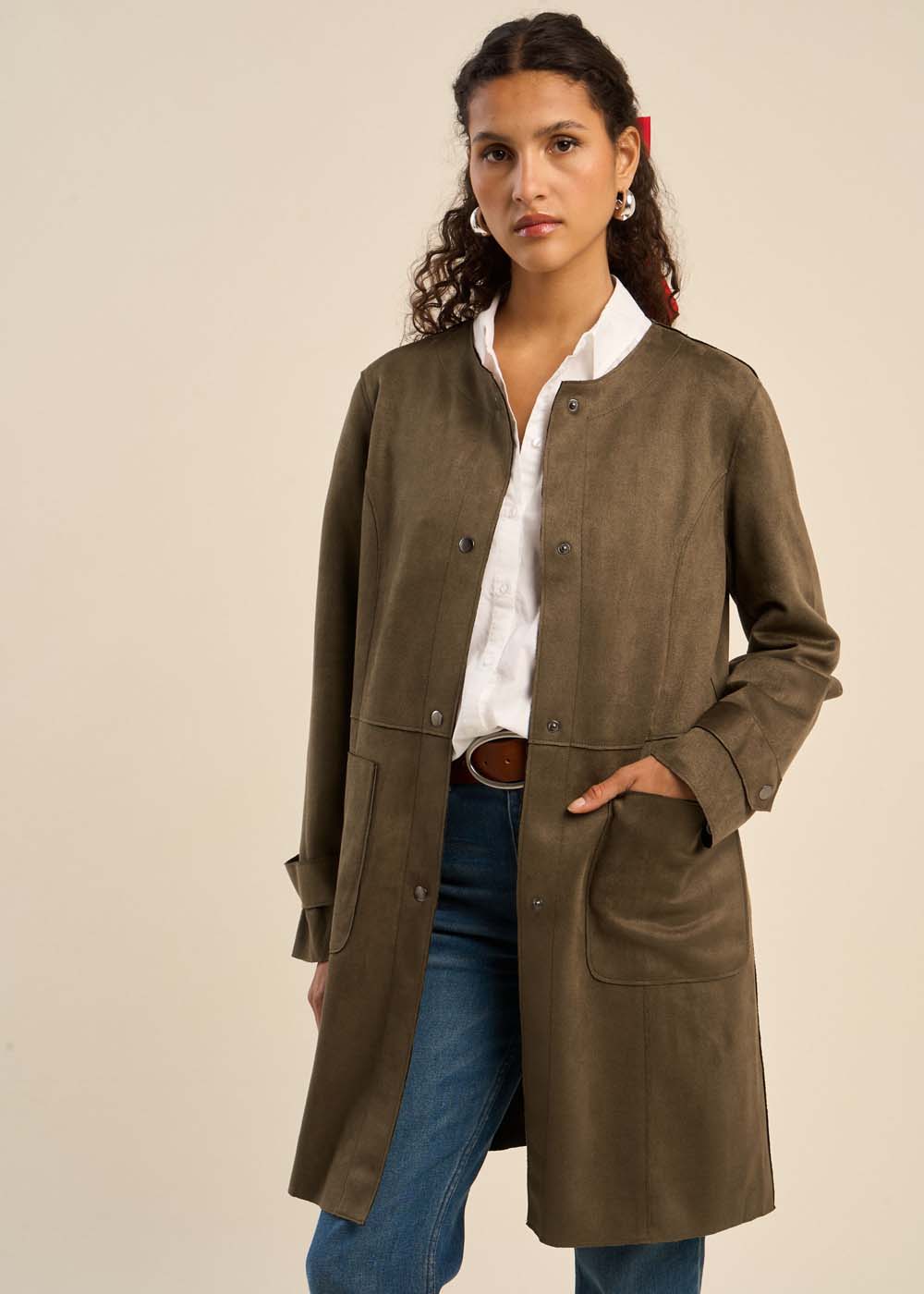 Veste longue en faux daim
