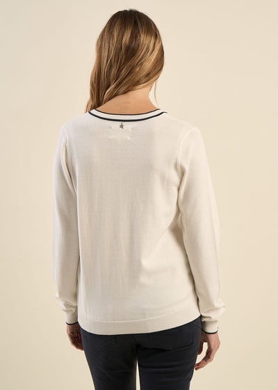 Pull col V avec détails ajourés et rayures contrastées