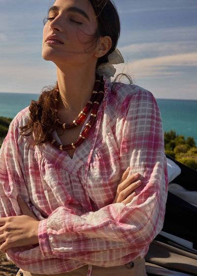 Blouse à carreaux col montant fluide