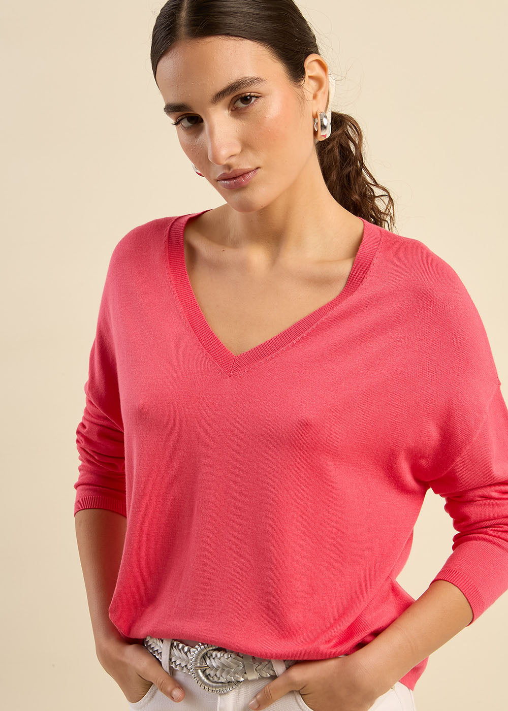 Pull maille fine col V
