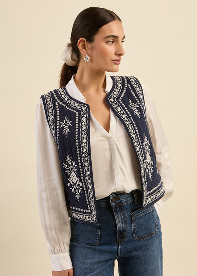 Gilet sans manches brodé en gaze de coton