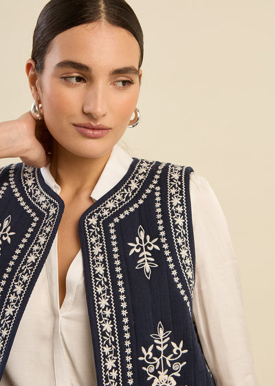 Gilet sans manches brodé en gaze de coton