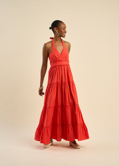 Robe longue dos nu à volants