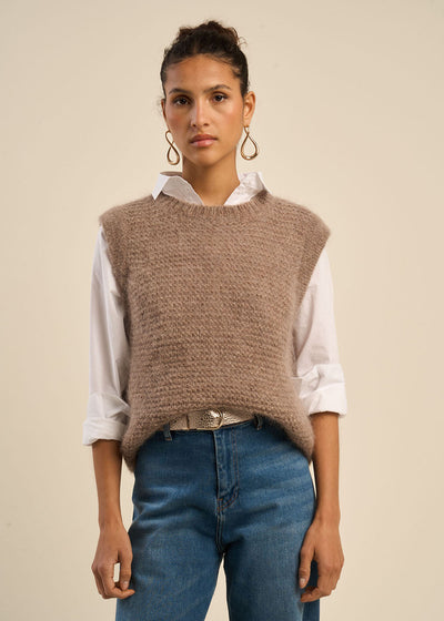 Pull à col rond sans manches détail lurex