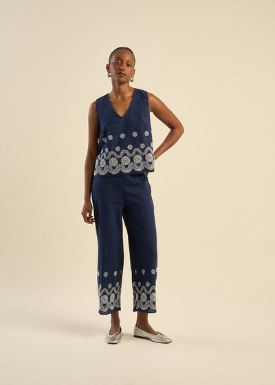 Pantalon taille haute 7/8 brodé