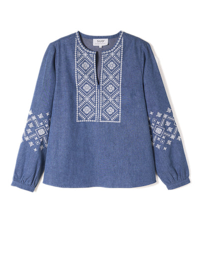 Top ample à col tunisien et broderies
