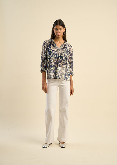 Blouse imprimée floral à col tunisien