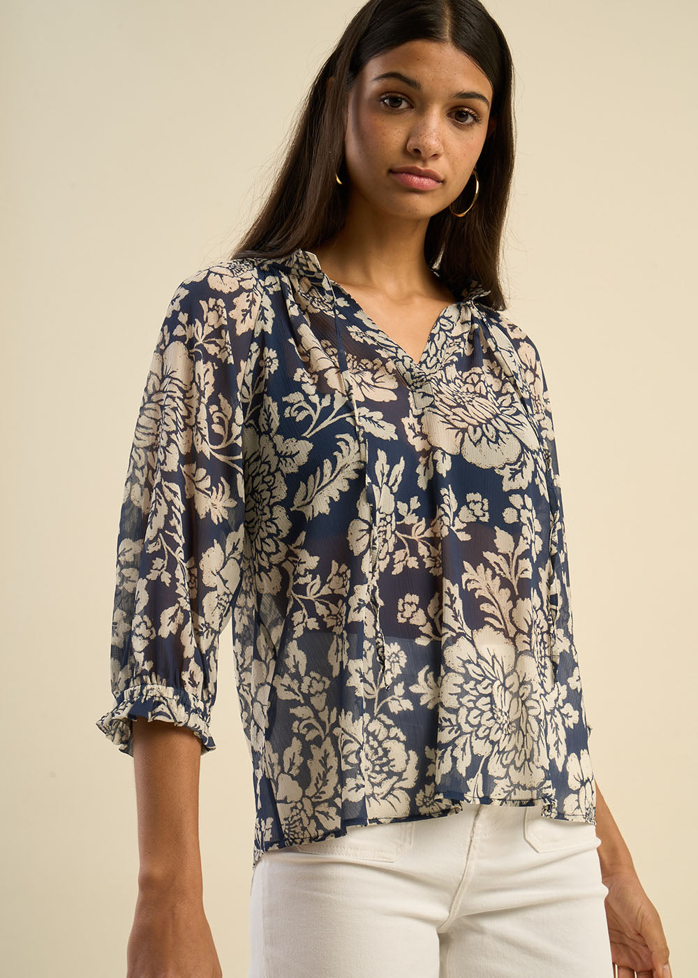 Blouse imprimée floral à col tunisien